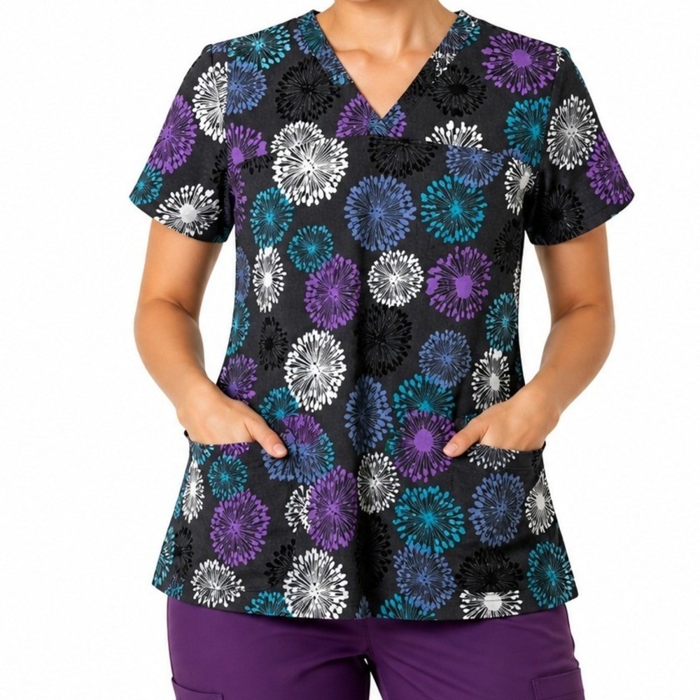 Sanibel Scrubs V-Neck Top Women‎ S Purple Teal Floral Burst Elastic Back Waist